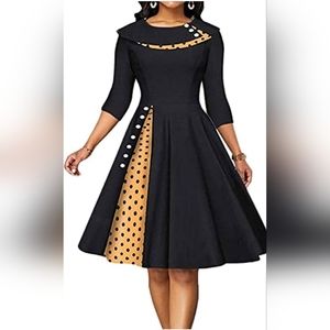 New Women Vintage Polka Dot Cocktail Swing Dress Long Sleeve Crew Neck Dress XXL